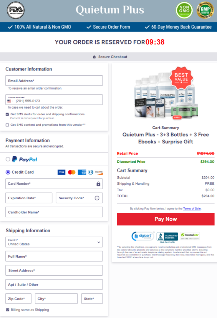 Quietum Plus secure checkout showing safe payment process and protected order confirmation